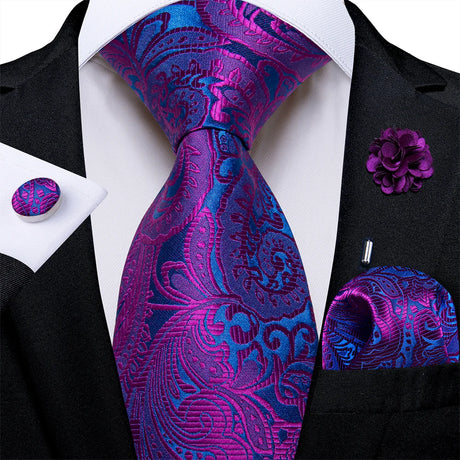 4Pcs Pink Paisley Folral Men Tie Pocket Square Cufflinks Brooch Pin for Wedding Party Groom Accessories 8cm Necktie Gift