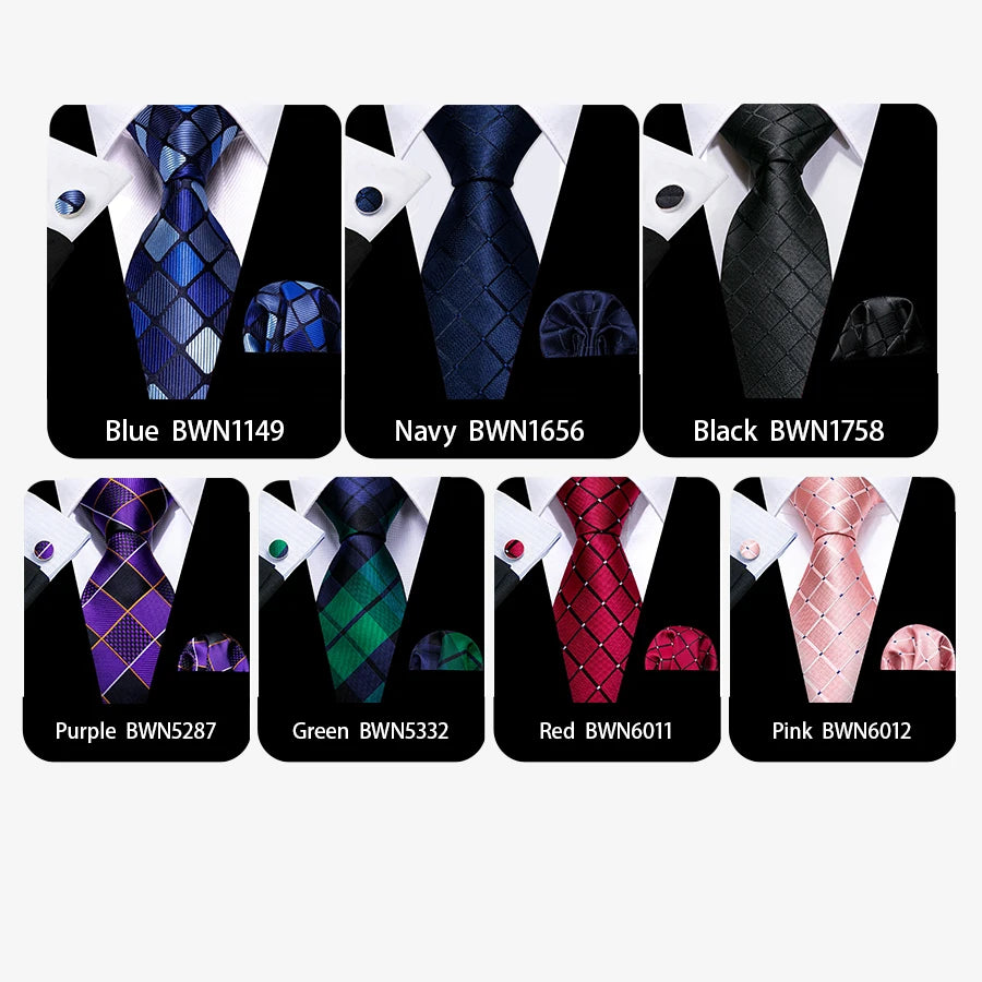 Barry.Wang Men's Tie Jacquard Plaid Checked Navy Pink Black Necktie Hankerchief Cufflinks Set for Male Wedding Business Formal