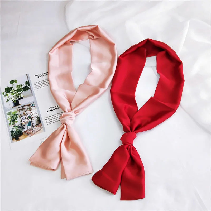 Fashion Neckerchief Women Headband Hair Scarf Silk Satin Bag Scarves Female 145*15cm Long Wraps Black Red Pink Scarfs For Ladies