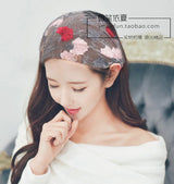 New Wide Headband for Women Ethnic Embroidery Flower Mesh Wide Edge Headbands Hibiscus Mutabilis Lace Bandaba Turban Headwear