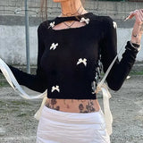 Kawaii Multi Bow Patchwork Hollow Out Contrast Ribbons Lace-up Cropped Top Black Coquette Sexy Cut Out Slim Waffle T-shirt Chic