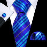 New Blue Silk Ties High Quality For Men Classic Plaid Woven Handkerchife Cufflinks Sets Groom Wedding Designer Barry.Wang 1535