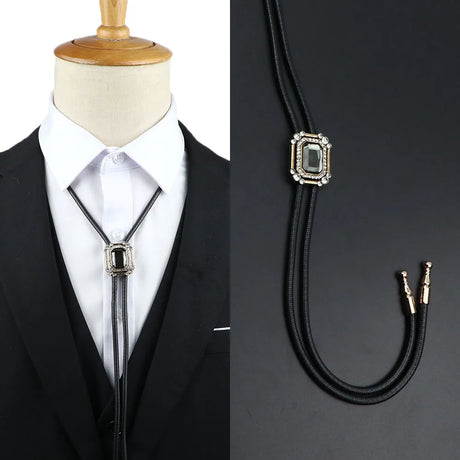 Vintage Bolo Tie Shirt Chain Cowboy Jazz Alloy Men Women Leather Rope Long Necklace Imitation Obsidian Sweater Chain Men Accesso