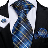 DiBanGu 8cm Blue Plaid Paisley Dot 100% Silk Men Tie Business Formal Wedding Party Necktie Hanky Cufflinks Set Mens Ties Gift