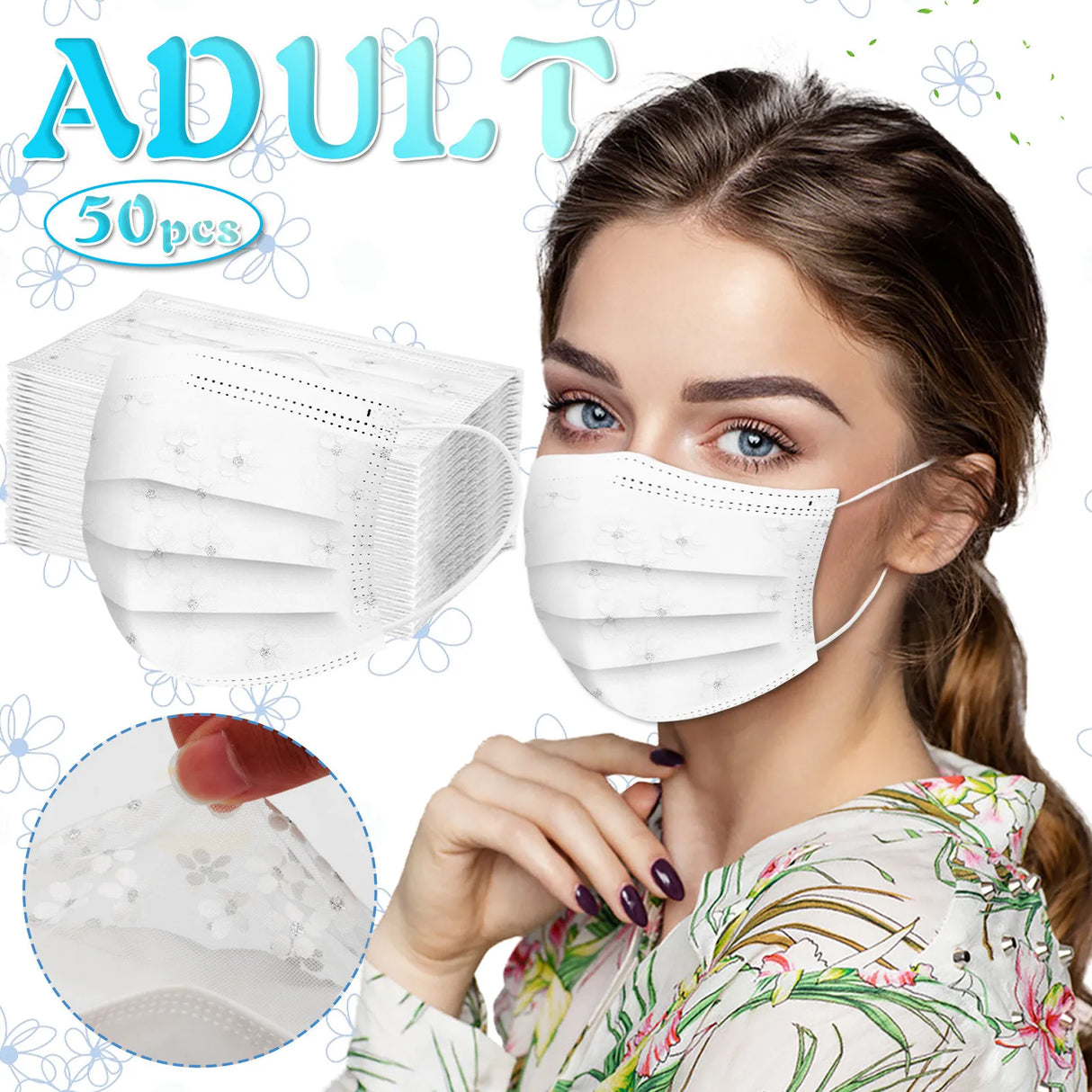 50pcs Mask Adult Net Yarn Flowers Four-Layer Disposable Protective Printing Mask Mouth Face Mask Breathable Earloops