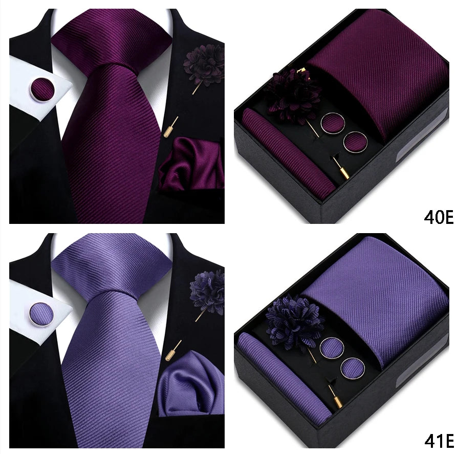 Top Quality Solid color Ties Hanky Cufflinks Brooch Set Elegant Jacquard Necktie For Men Business Wedding In Gift Box Gravatas