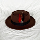 convex top classic fedora hat small flat top pearl feather men's felt hat polk pie coffee top hat gorras para hombres