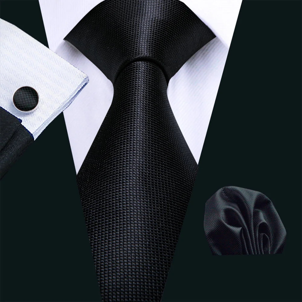 Business Black Silk Ties For Men Classic Solid High Quality Woven Pocket Square Cufflinks Sets Party Formal Designer Barry.Wang