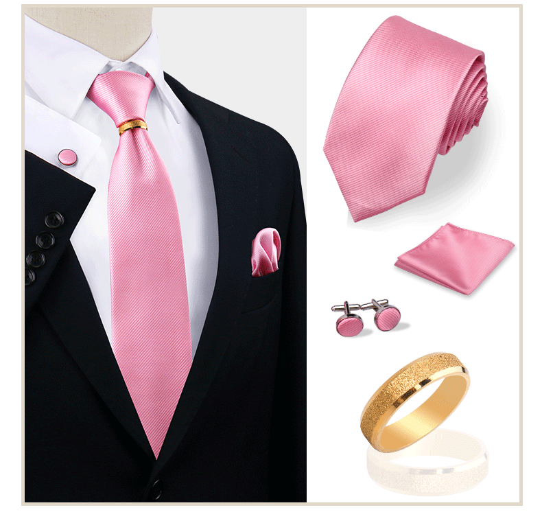 Luxury Solid Silk Ties Set For Men Necktie Handkerchief Cufflinks With Gold Metal Ring Brooch Suit Wedding Party Men Accessories