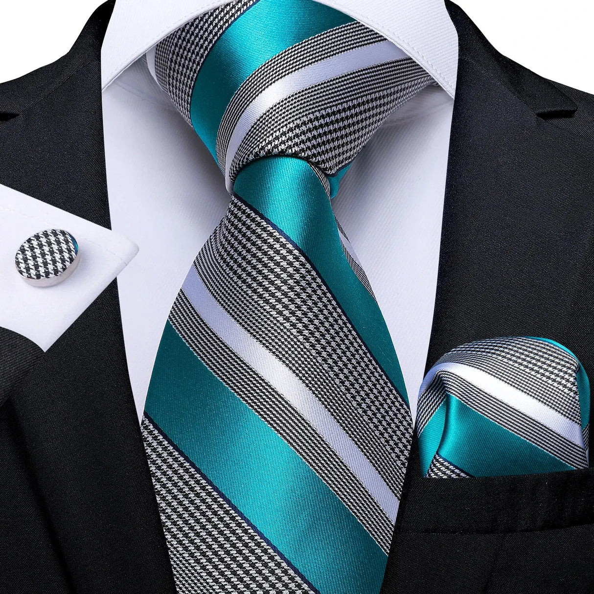 Luxury Blue Striped Polyester Ties for Men 8cm Width Wedding Business Prom Necktie Pocket Square Cufflinks Gift Men Accessories