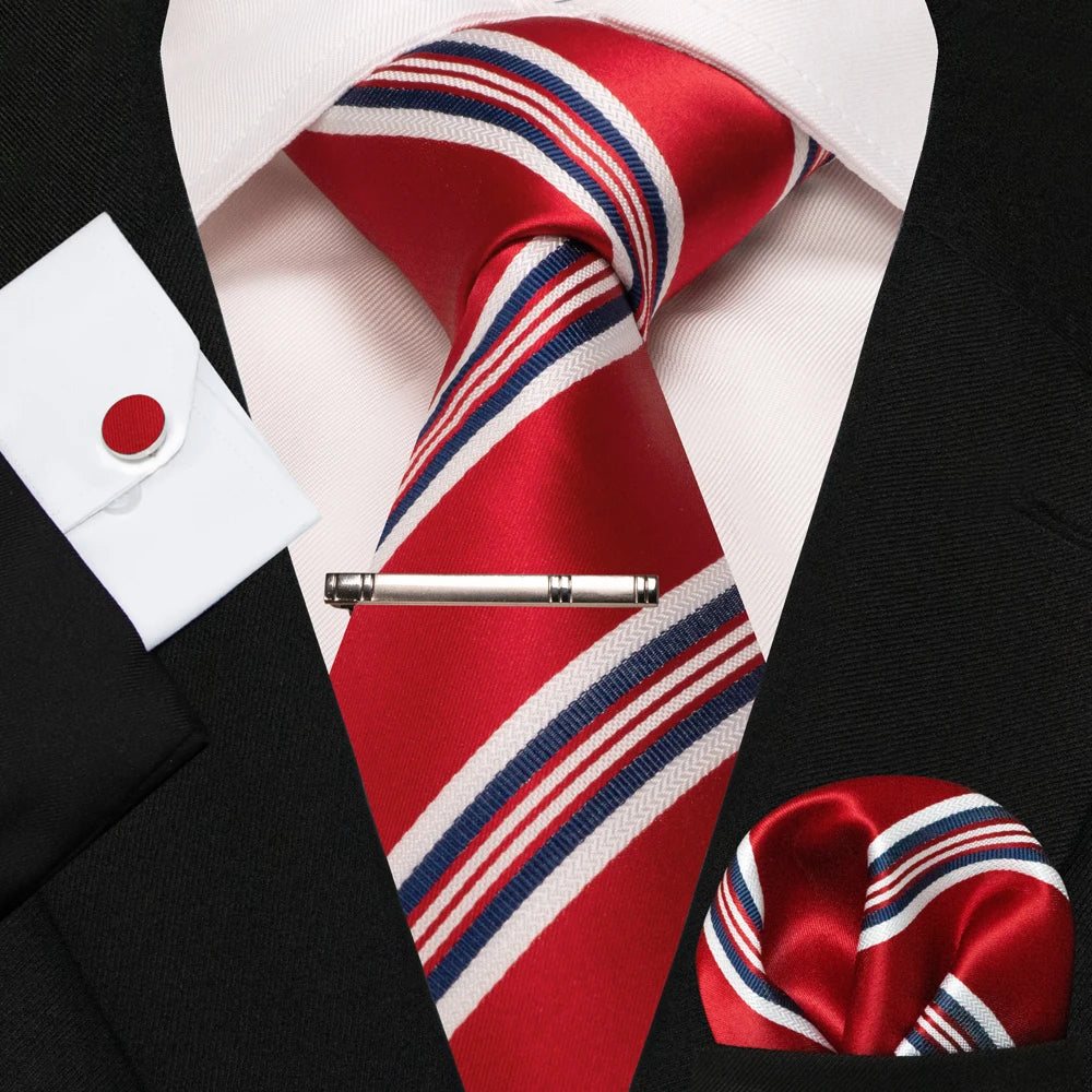 KAMBERFT New Classic Silk Men's Tie Red Gold Striped Men's Tie Handkerchief Cufflinks Set Wedding Business Party Gravatas