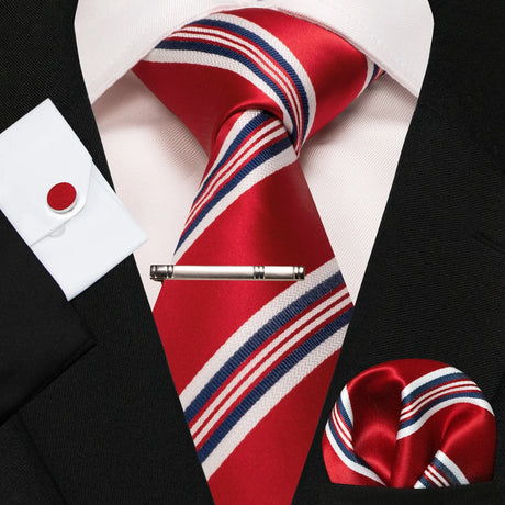 KAMBERFT New Classic Silk Men's Tie Red Gold Striped Men's Tie Handkerchief Cufflinks Set Wedding Business Party Gravatas