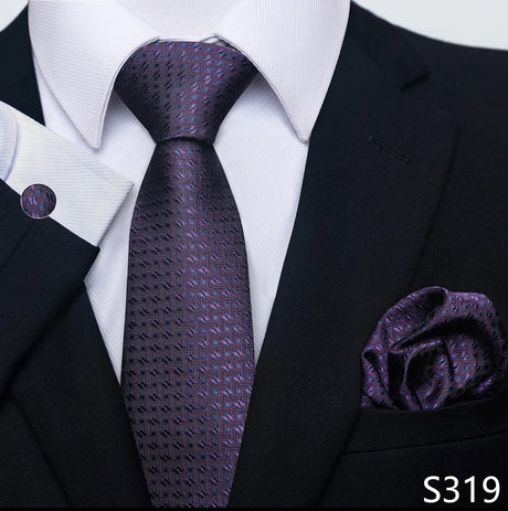 100% Silk Tie For Men Top grade Luxurious 7.5 cm Tie Hanky Cufflink Set Purple Necktie Formal Clothing Independence Day