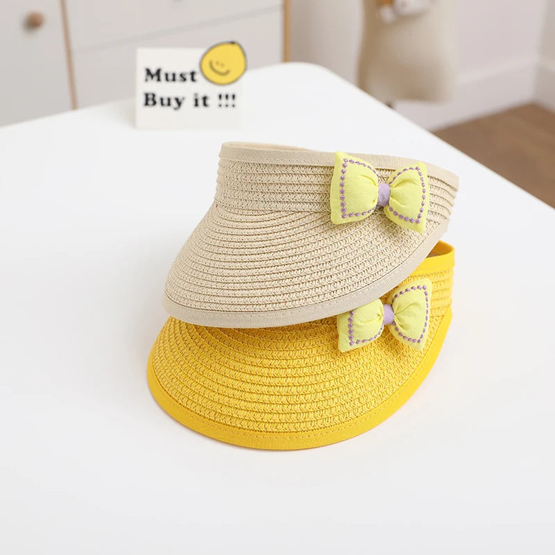 Lovely Girl Baby Summer Straw Hat Casual Bowknot Sun Visor Caps Outdoor Beach Top Sunscreen Empty Hats Cute Baseball Caps