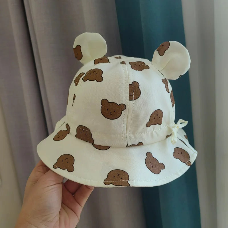 Korea Cotton Baby Bucket Hat with Ears Boys Girls Cute Cartoon Bear Breathable Sun Fisherman's Hat Kids Outdoor Child Panama Cap