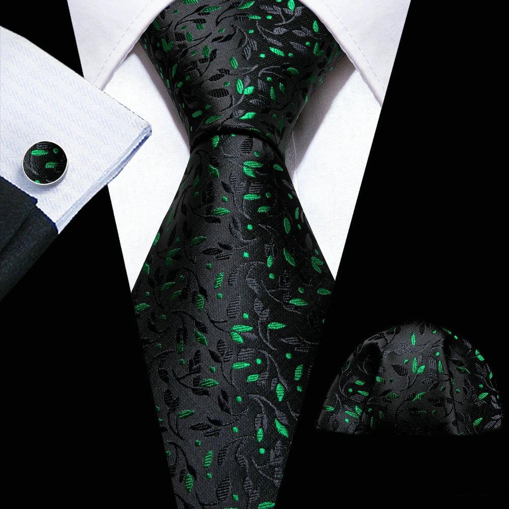 Luxury Silk Mens Ties Set Black Green Leaves Floral Neck Tie Handkerchief Cufflinks Set Wedding Business Party Barry·Wang 5938