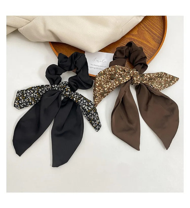 2024 New Korean Floral Bowknot Hair Ties for Women Girls Sweet Elastics Long Ribbon Ponytail Scarf Hair Tie Hair Accessories