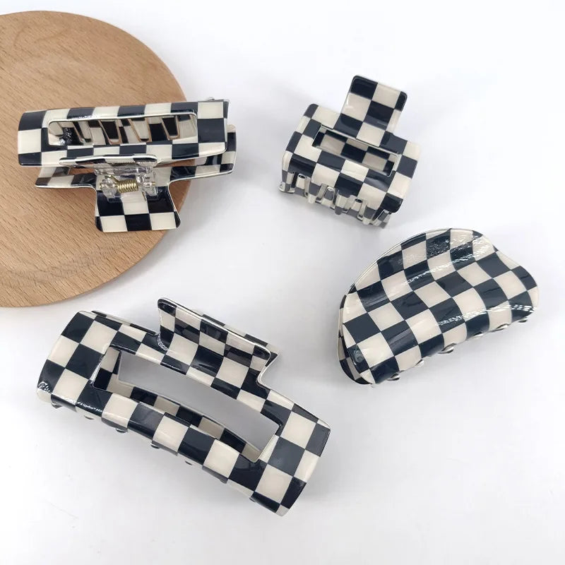 Clearance_Black White Checkered Rectangle Hair Claw Clips For Women Girls Fashion Hair Clips For Styling Claw Clamps Hair Access