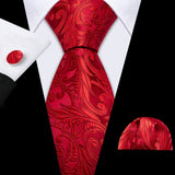 Red Silk Wedding Necktie Jacquard Woven Striped Ties For Men Tie Handkerchief Cufflink Set Barry.Wang Fashion Designer FA-5028