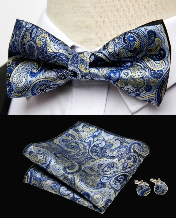 HUISHI Classic Blue Bowties For Men  Paisley Floral Bow Tie Pocket Square Cufflinks Suit Set Wedding Party Plaid Solid Butterfly