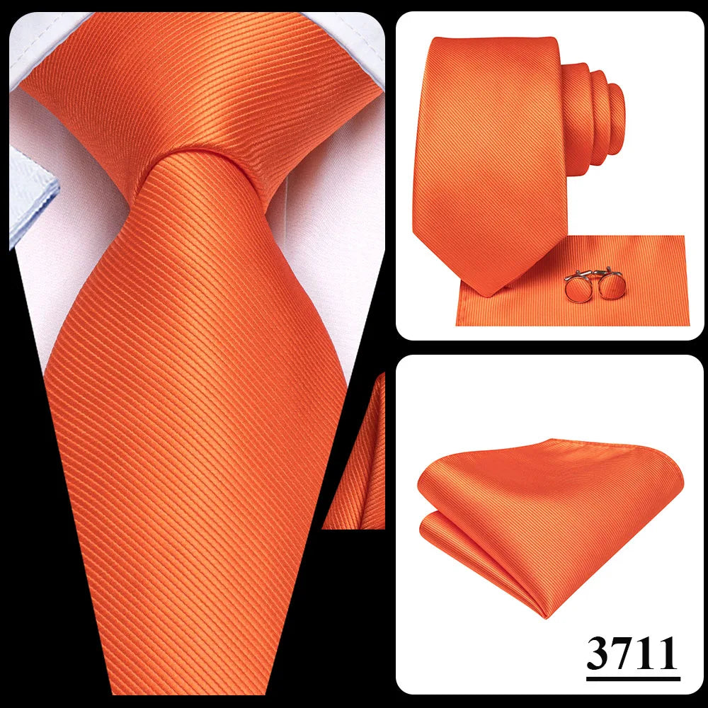 Hi-Tie Solid Orange Blue Mens Fashion Necktie Handkerchief Cufflinks for Tuxedo Accessory Classic Silk Luxury Tie for Man Gift