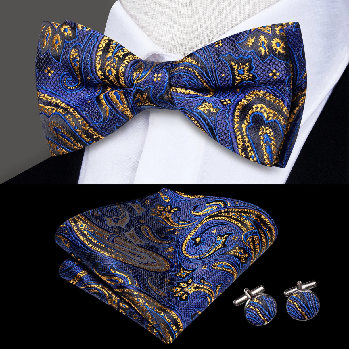 Hi-Tie Brand Silk Pre-tied Men's Bow Tie Hanky Cufflinks Set Bowtie for Male Jacquard Solid Paisley Floral Wedding Business Gift