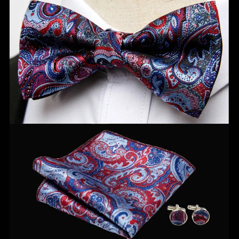 HUISHI Classic Blue Bowties For Men  Paisley Floral Bow Tie Pocket Square Cufflinks Suit Set Wedding Party Plaid Solid Butterfly