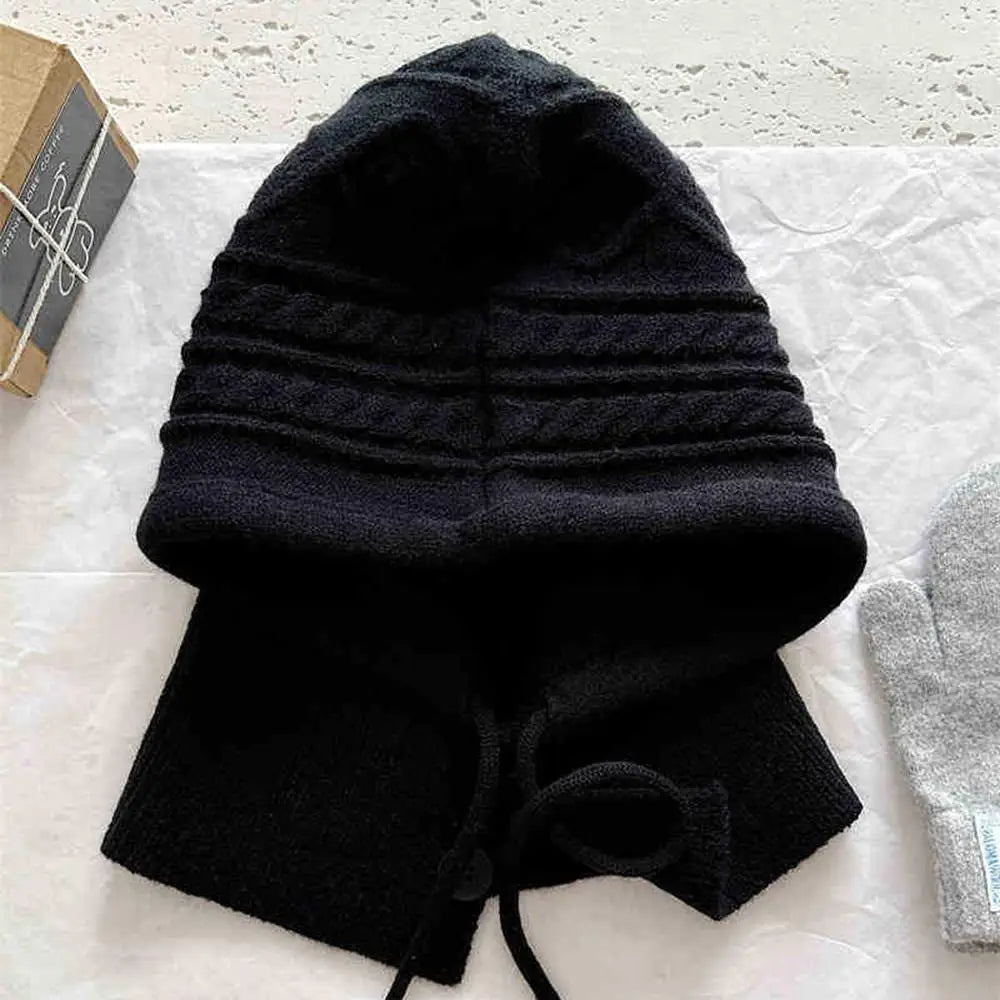 New Knitted Balaclava Hats For Women Hooded Caps Outdoor Winter Warmer Drawstring Hat One-Piece Neck Collar Cycling Beanies Caps