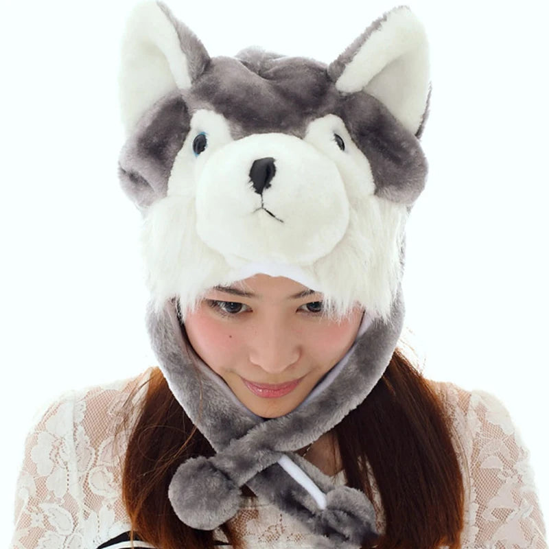 Cute Wolf Plush Hat Cute Windproof Warm Hat Dress Up Winter Ear Protect Hat Gift Winter Beanie Hat for Boy Girl Adult