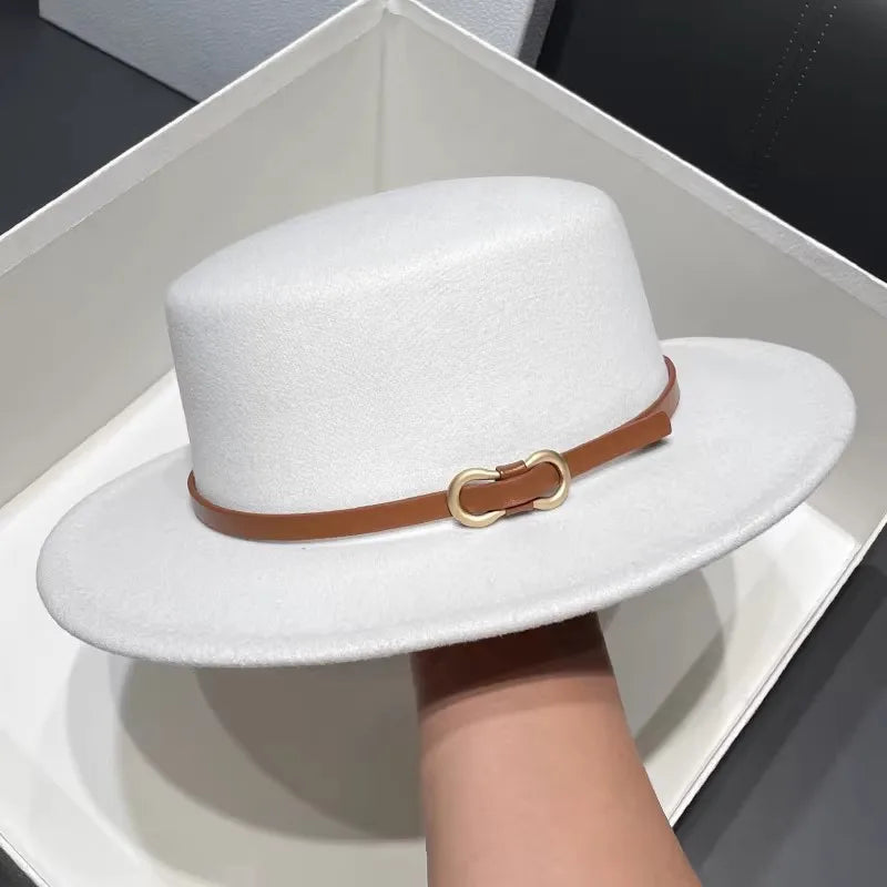 White Flat Top Fedora Hat Round Top Winter Hat 6cm Men's and Women's Felt Fashion Jazz Wholesale шляпа женская