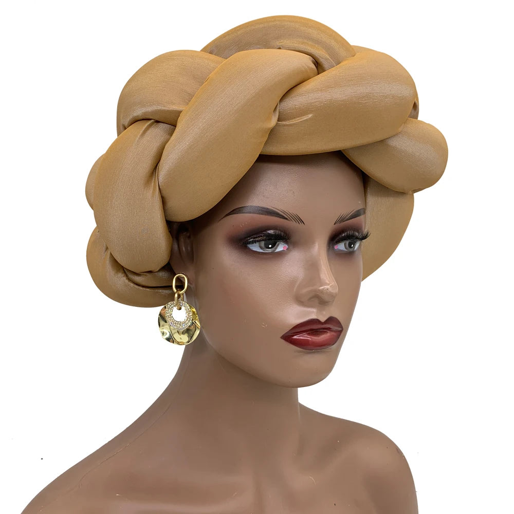 Exaggerated Big Braid Head Band African Raw Silk Turban Cap for Women Nigeria Wedding Party Headpiece Female Headband