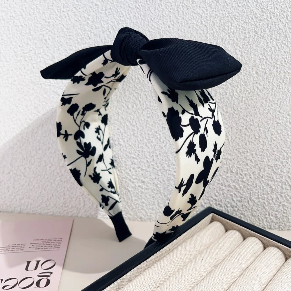 Elegant Floral Black White Hairbands for Women Girls Wide Edge Soft Hair Hoops Big Bowknot Cross Headband Hair Styling Tool Gift