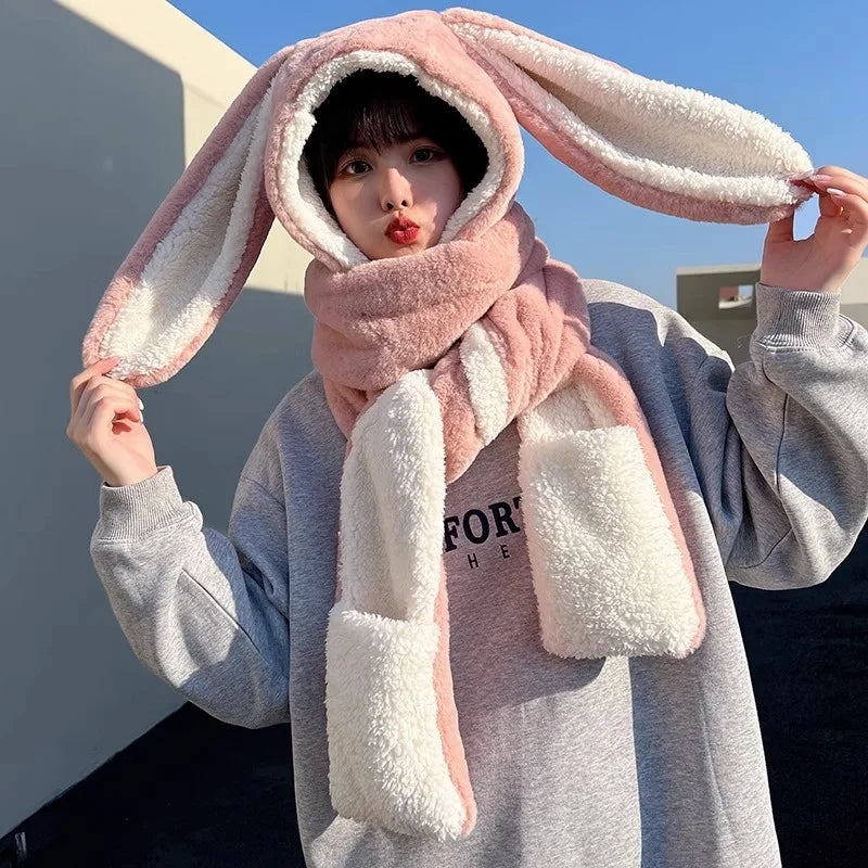 Hat Scarf Gloves all-in-one three-piece Winter Sweet Cute Rabbit Ears Plush Scarf Hat Outdoor Warm Cap