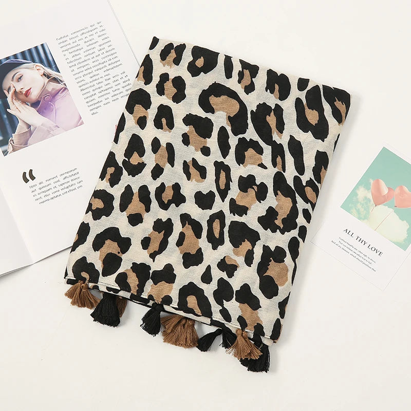 Fashion Printed Leopard Scarf Female Spring Muslim Women Hijab Scarves Tassel Large Size Headband Handkerchief Women's Bandana
