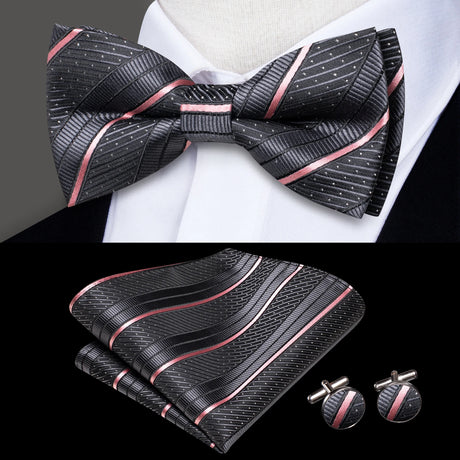 Hi-Tie Brand Silk Pre-tied Men's Bow Tie Hanky Cufflinks Set Bowtie for Male Jacquard Solid Paisley Floral Wedding Business Gift