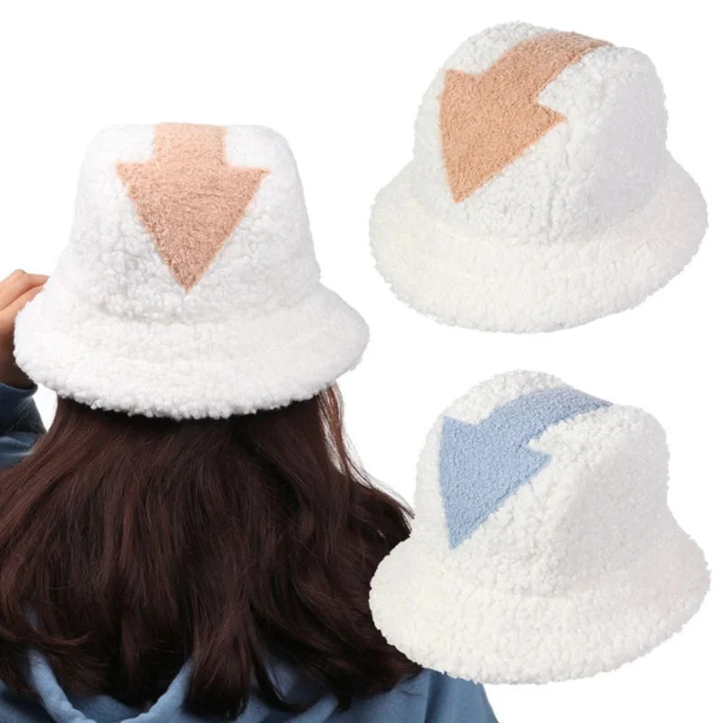 Women Appa Bucket Hat Lamb Wool Hat Winter Warm Fishing Caps Faux Fur Arrow Symbol Printed Bucket Hat for Men Tide Flat Top Hats