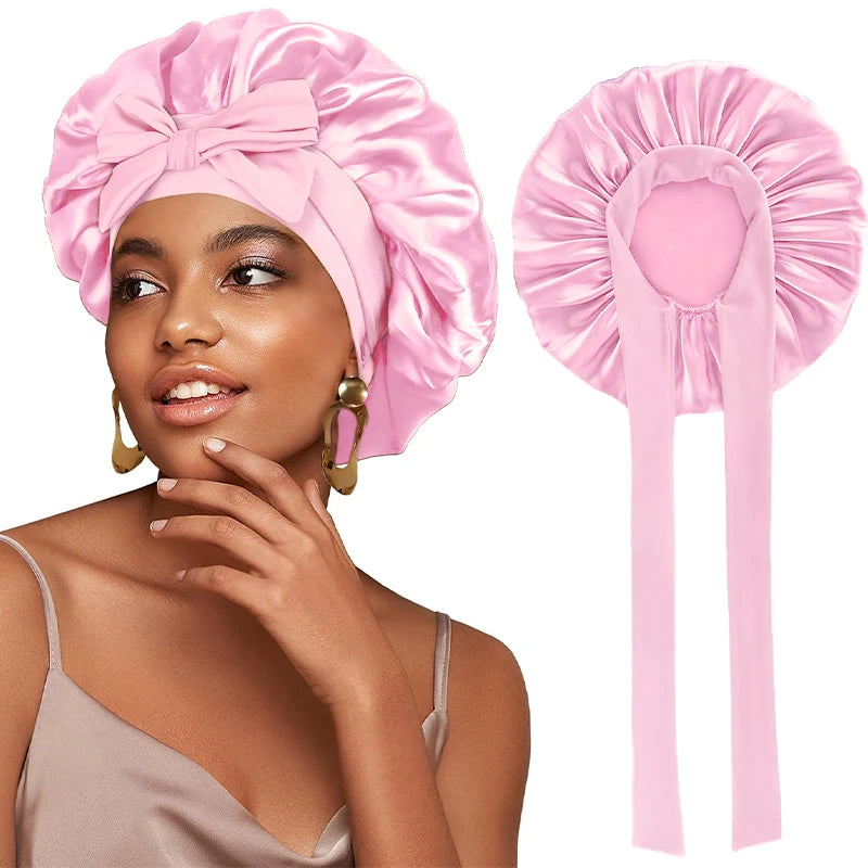 New Women Satin Bonnet Silky Sleep Cap Curly Hair Wrap For Sleeping Cap Adjustable Bonnets With Tie Band Nightcap Hair Care Cap