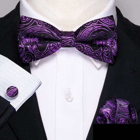 Barry.Wang Silk Mens Bow Tie White Green Pink Purple Jacquard Paisley Floral Pre-Tied Bowtie Hanky Cuffs Set Wedding Business