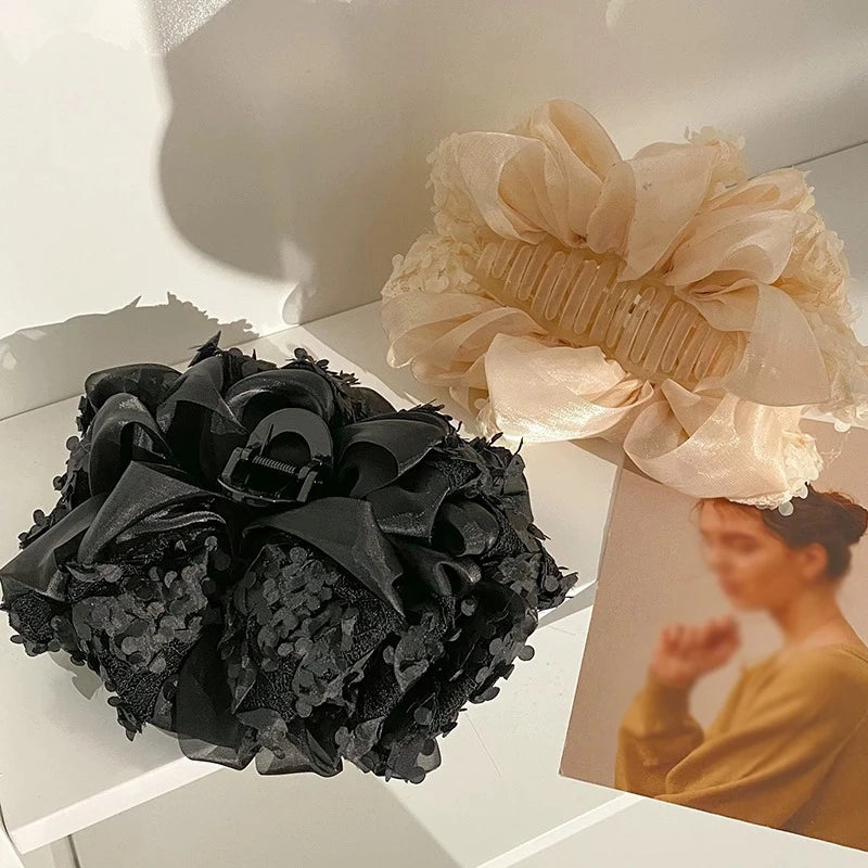Elegance Temperament Large Claw Clip Multilayer Bow Black Fabric Ribbon Claw Jaw Clips Ponytail Hairpin Women Hair Accessories