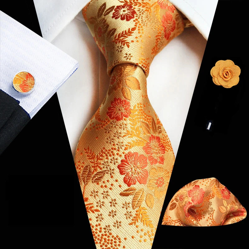 Floral Pink Silk Ties Set For Men Wedding Party Neck Tie Set Handkerchief Brooch Cufflinks Men Accessories High Quality Gravata