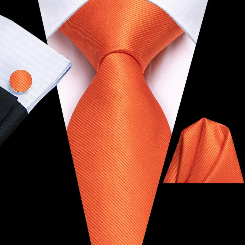 Hi-Tie Solid Orange Blue Mens Fashion Necktie Handkerchief Cufflinks for Tuxedo Accessory Classic Silk Luxury Tie for Man Gift