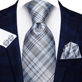 Hi-Tie Designer Grey Plaid Novelty Silk Wedding Tie For Men Handky Cufflink Gift Mens Necktie Fashion Business Party Dropshiping