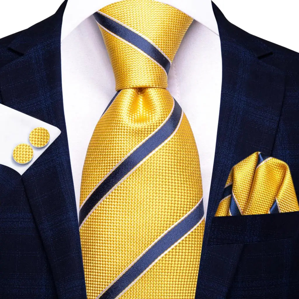 Luxury Yellow Blue Striped 2022 New Fashion Brand Ties for Men Wedding Party Necktie Set Handkerchief Cufflinks Gift Wholesale