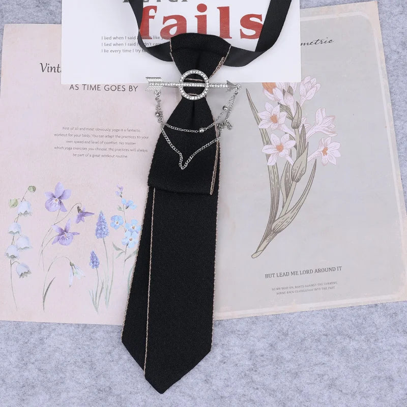 Hand Made Black Ribbon Tie Crystal Rhinestone Jewelry Men White Shirts College Girl Boys Collar Neck Ties Uniform Women Necktie