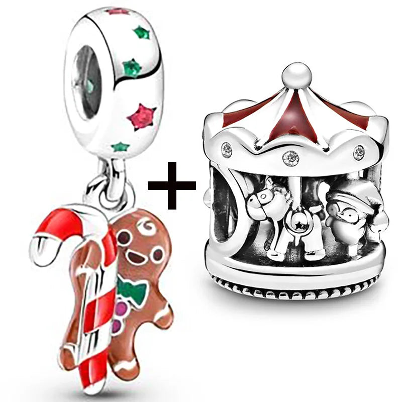 Buipoey 2pcs/lot Christmas Red Cane Gingerbread Man Charm Snowman Santa Beaded Sock Pendant DIY Beacelets jewelry Accessory Gift
