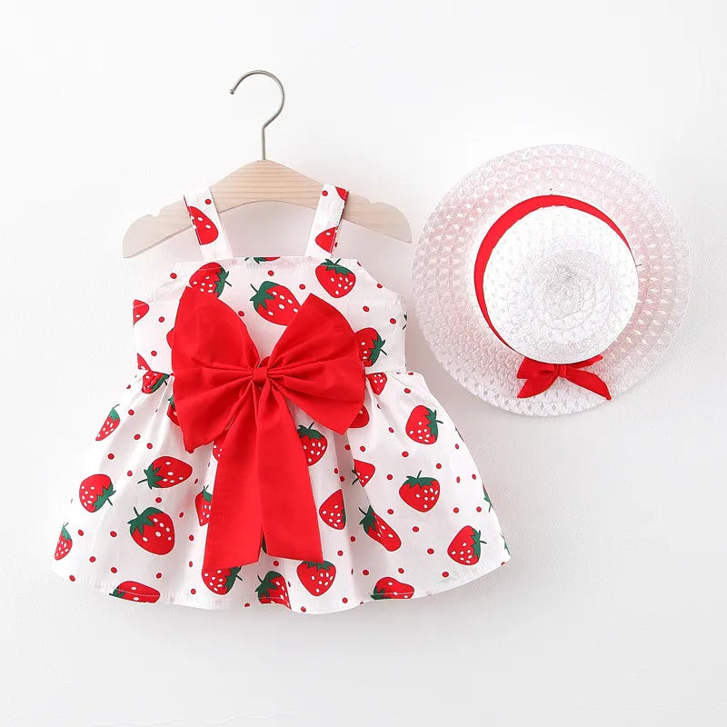 2Piece Sets Summer Toddler Girl Clothes Korean Fashion Flowers Cute Bow Sleeveless Princess Baby Dresses+Sunhat Kids Dress BC136