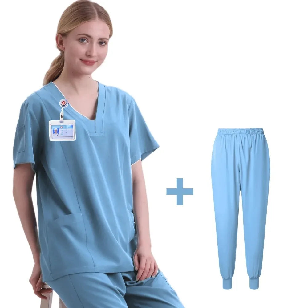 New Scrubs Set Medical Uniforms Stretch Scrub Tops with Pocket Pants Nurse Uniform Doctor Surgery Overalls Beauty Salon Workwear