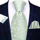 Hi-Tie Men Fashion Paisley Sage Green Necktie Handkerchief Cufflinks for Tuxedo Accessory Classic Silk Luxury Tie for Man Gift