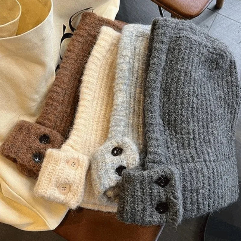 Winter Trendy Balaclava Hats for Men&Women Knitted Hooded Caps Thicken Windproof Drawstring One-Piece Neck Collar Beanies Cap