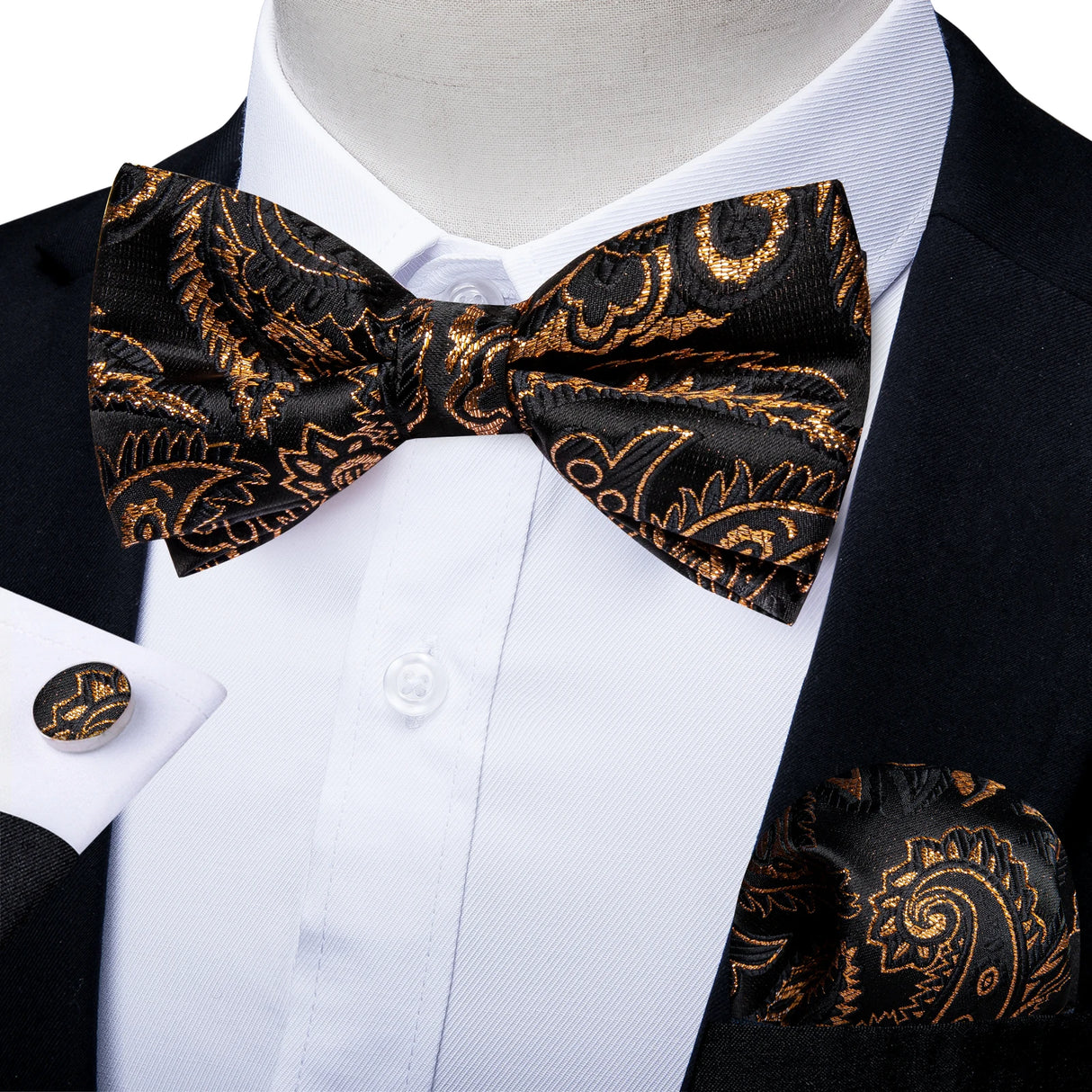 Classic Black Men Bow Ties 100% Silk Bowties Butterfly Pocket Square Cufflinks Set Suit Paisley Gold Pre-Tied Bow Tie DiBanGu